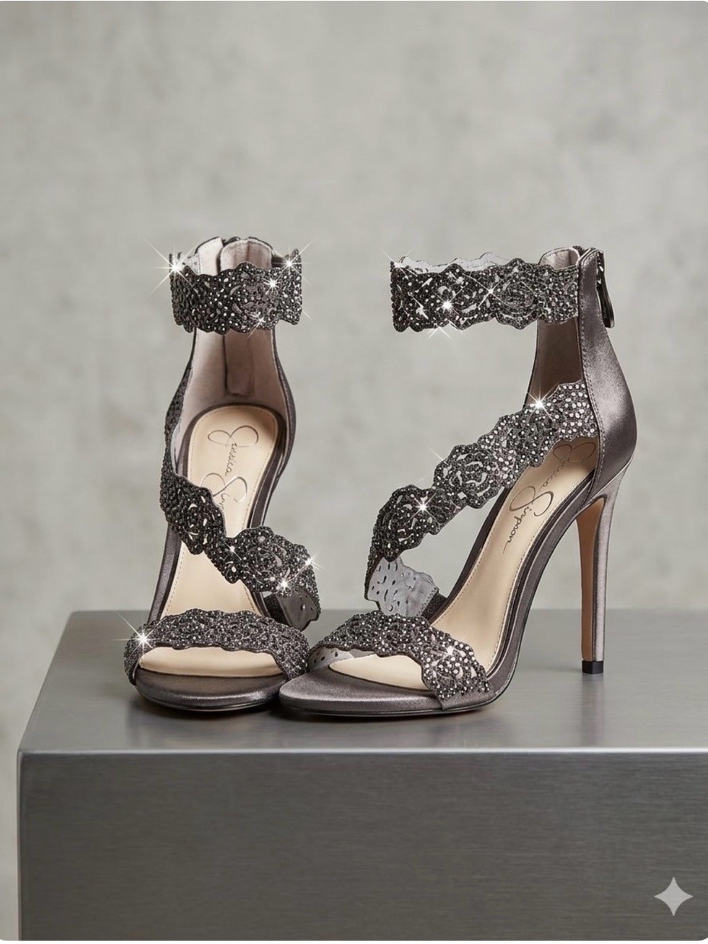 Jessica Simpson Geela Gunmetal Heels w/Asymmetrical Straps & Rhinestones-Sz 6.5